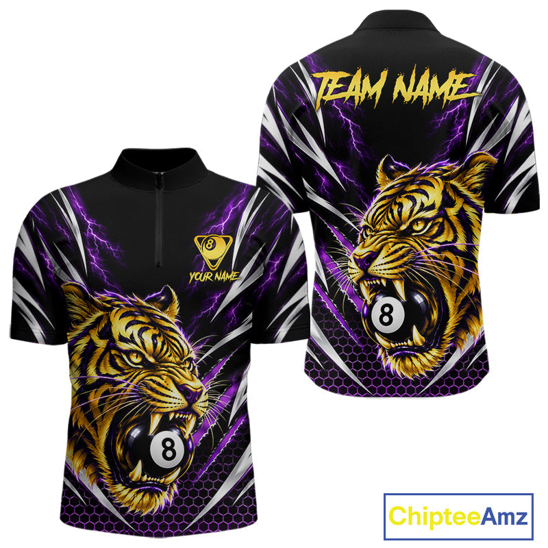 Scratch Tiger Billiard Polo 1/4-Zip Shirt Custom Purple Thunder 8 Ball Tiger Billiard Team Jersey