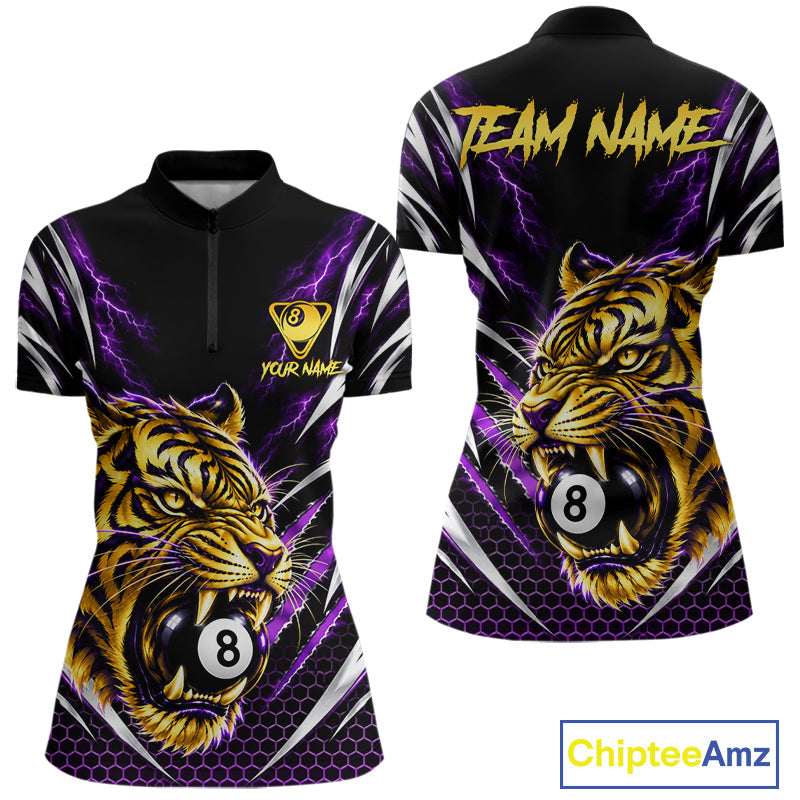 Scratch Tiger Billiard Polo 1/4-Zip Shirt Custom Purple Thunder 8 Ball Tiger Billiard Team Jersey