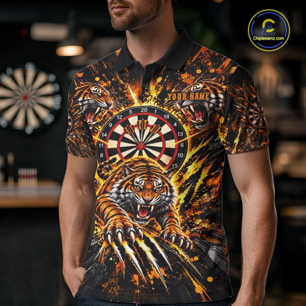 Personalized Horror Tiger Darts Polo 1/4-Zip Shirt Custom Orange Splatter Darts Team Jersey