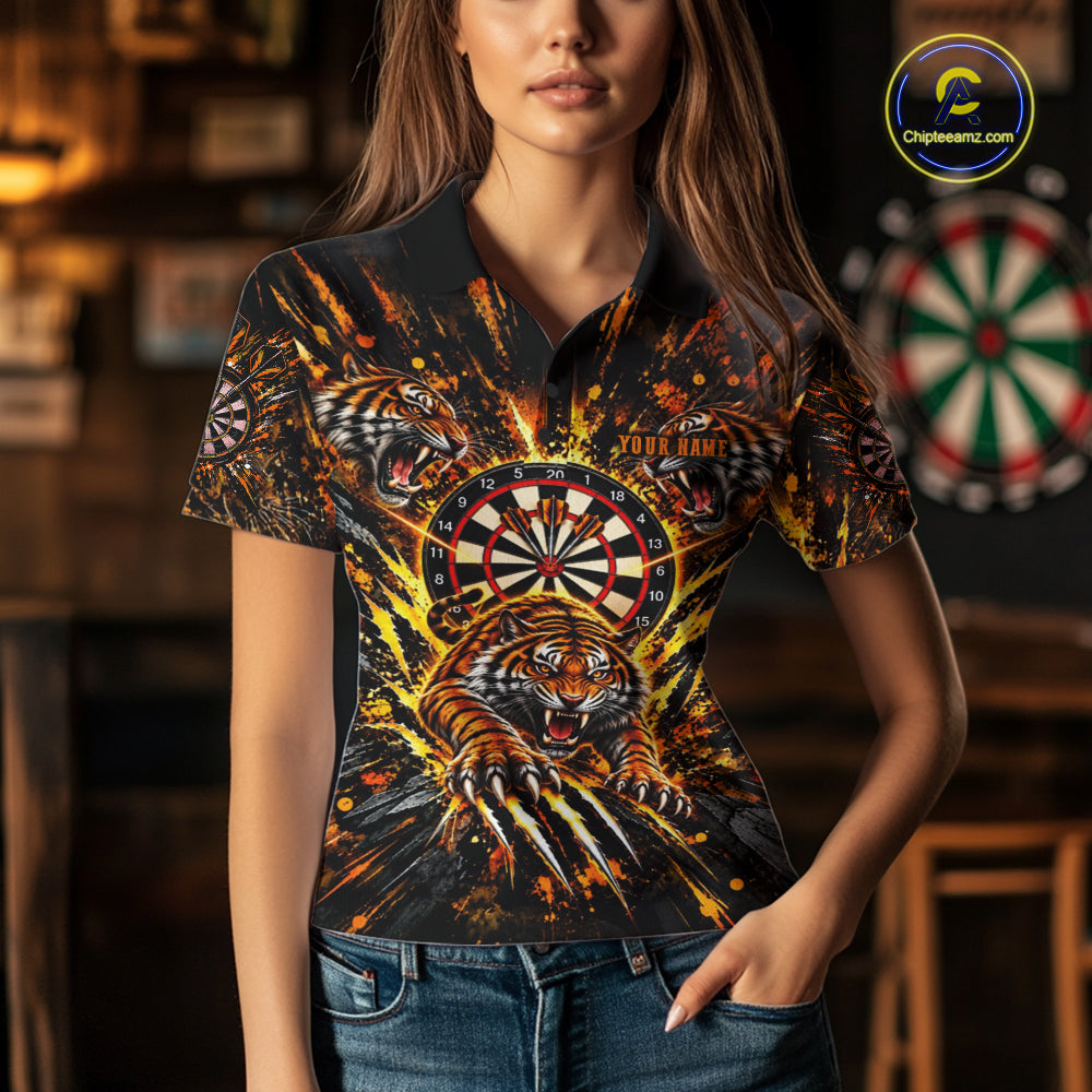 Personalized Horror Tiger Darts Polo 1/4-Zip Shirt Custom Orange Splatter Darts Team Jersey