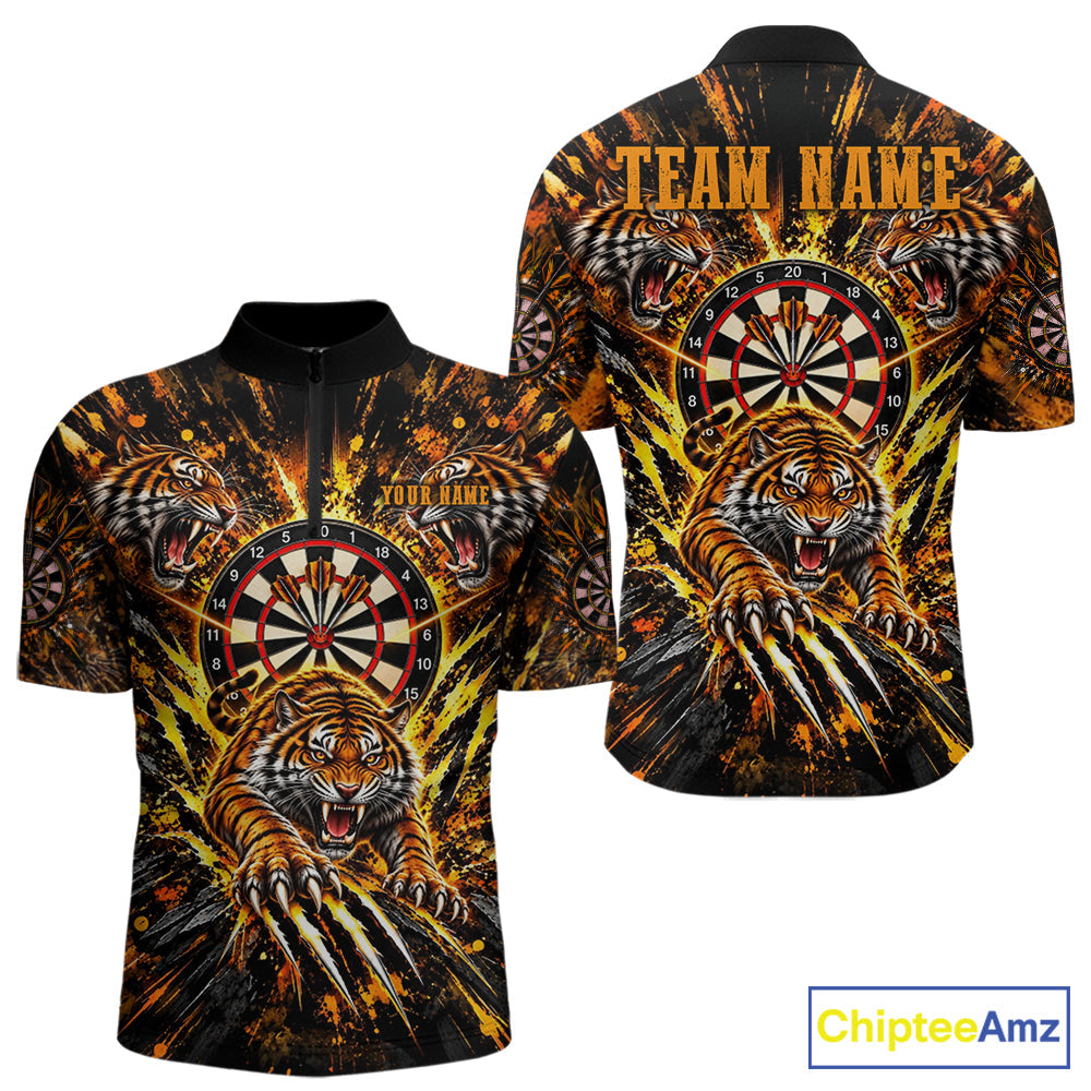 Personalized Horror Tiger Darts Polo 1/4-Zip Shirt Custom Orange Splatter Darts Team Jersey