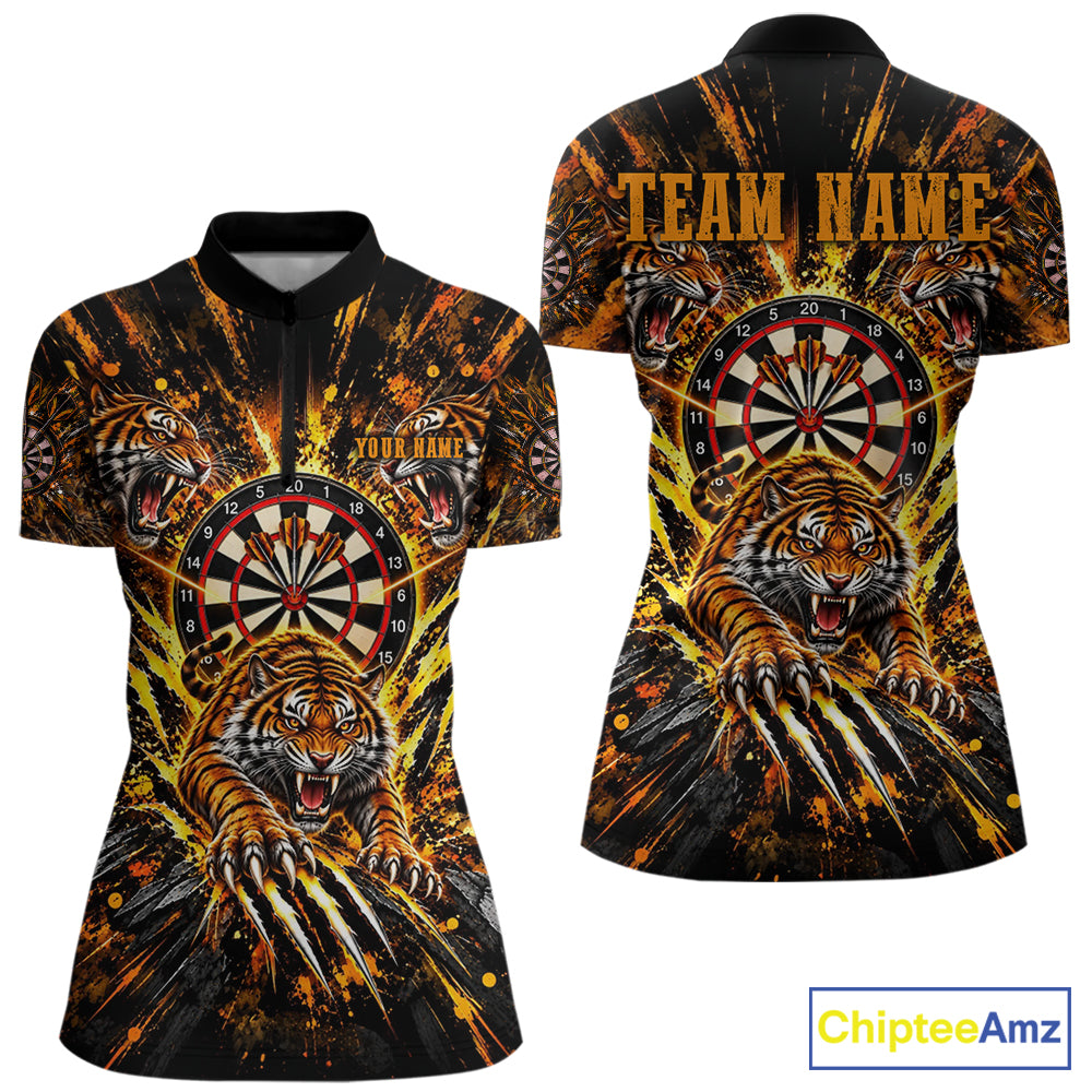 Personalized Horror Tiger Darts Polo 1/4-Zip Shirt Custom Orange Splatter Darts Team Jersey