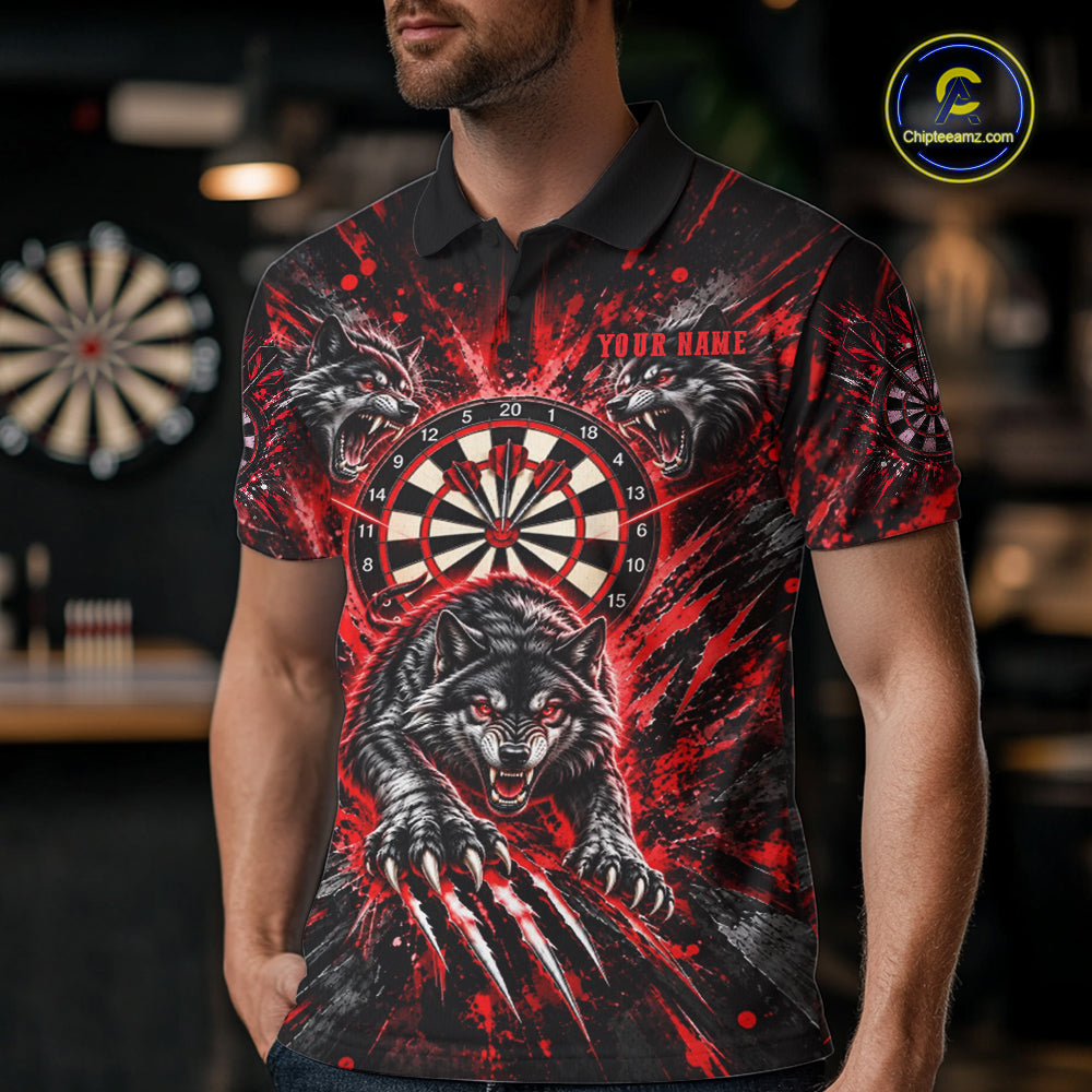 Personalized Horror Wolf Darts Polo 1/4-Zip Shirt Custom Red Splatter Darts Team Jersey