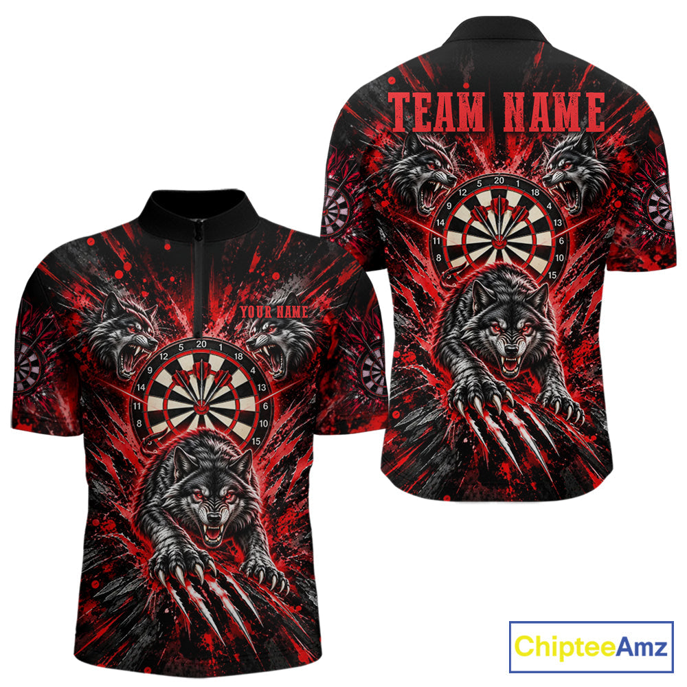 Personalized Horror Wolf Darts Polo 1/4-Zip Shirt Custom Red Splatter Darts Team Jersey