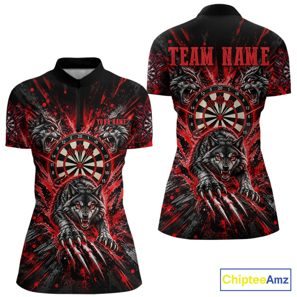Personalized Horror Wolf Darts Polo 1/4-Zip Shirt Custom Red Splatter Darts Team Jersey