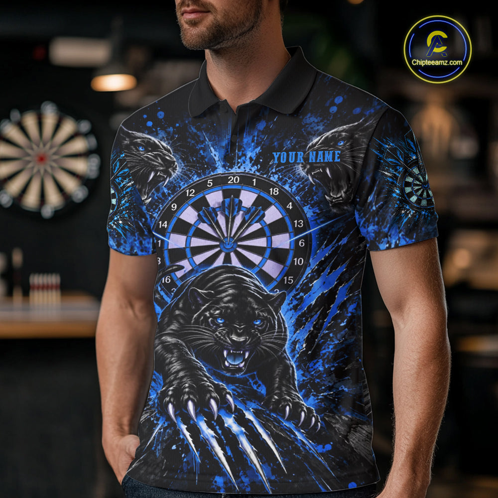 Personalized Horror Panther Darts Polo 1/4-Zip Shirt Custom Blue Splatter Darts Team Jersey