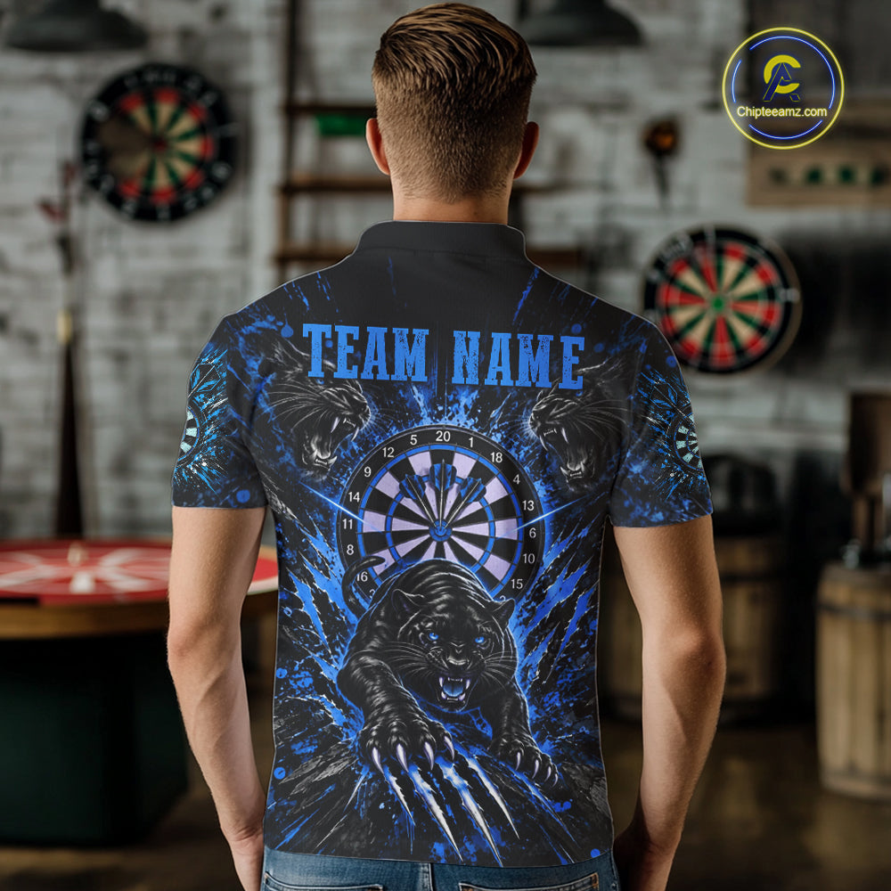 Personalized Horror Panther Darts Polo 1/4-Zip Shirt Custom Blue Splatter Darts Team Jersey