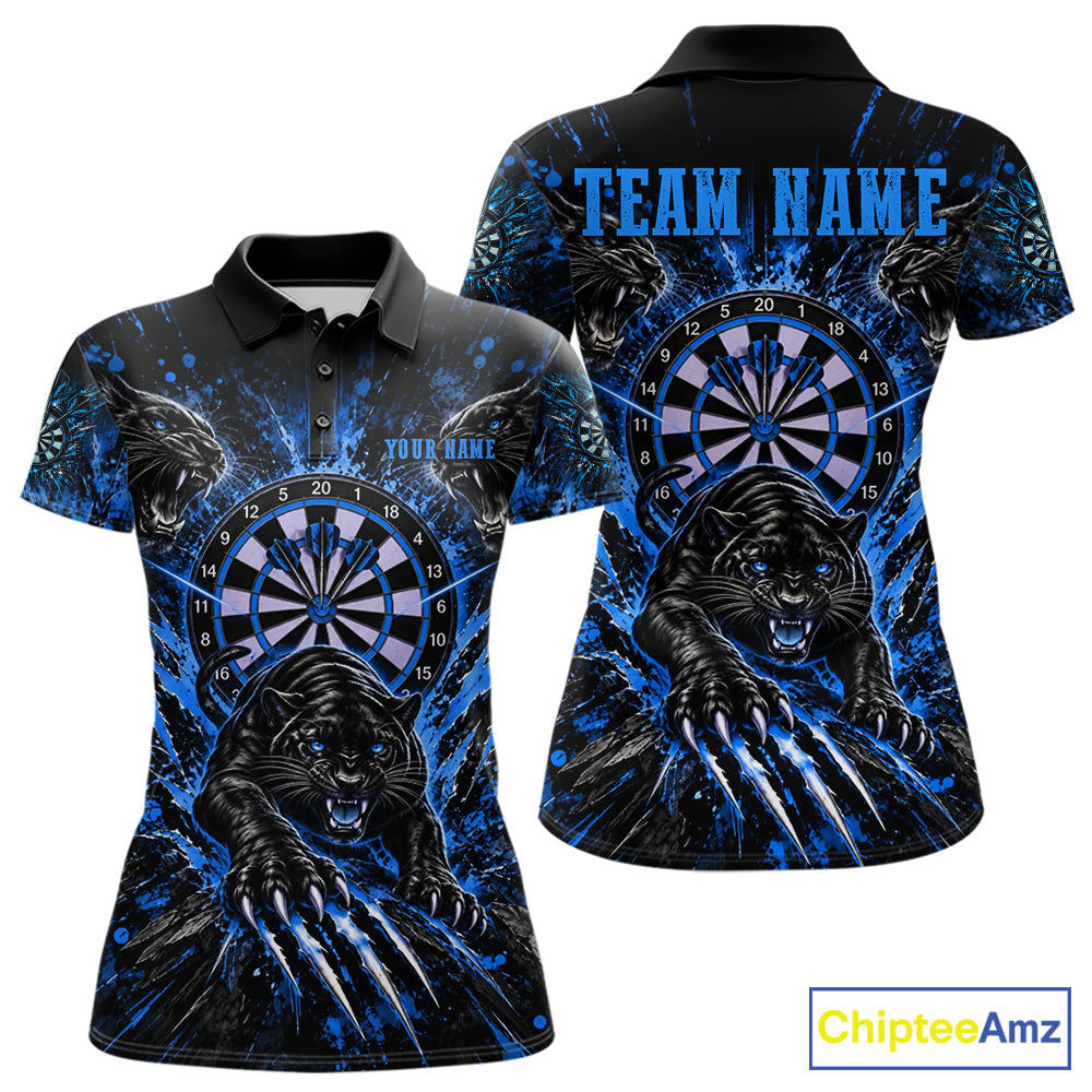 Personalized Horror Panther Darts Polo 1/4-Zip Shirt Custom Blue Splatter Darts Team Jersey