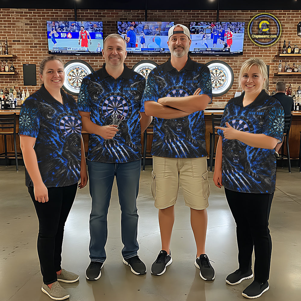 Personalized Horror Panther Darts Polo 1/4-Zip Shirt Custom Blue Splatter Darts Team Jersey