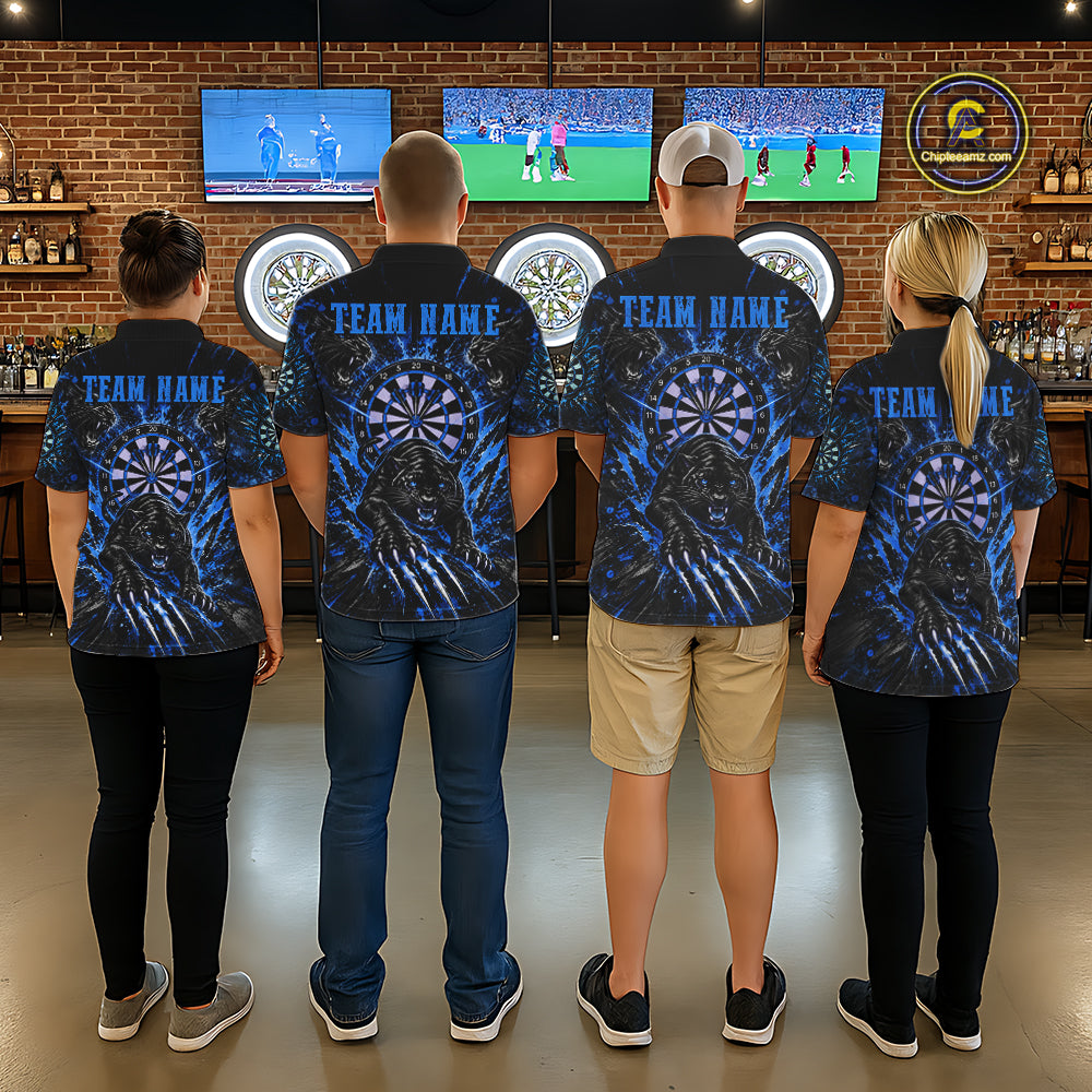 Personalized Horror Panther Darts Polo 1/4-Zip Shirt Custom Blue Splatter Darts Team Jersey