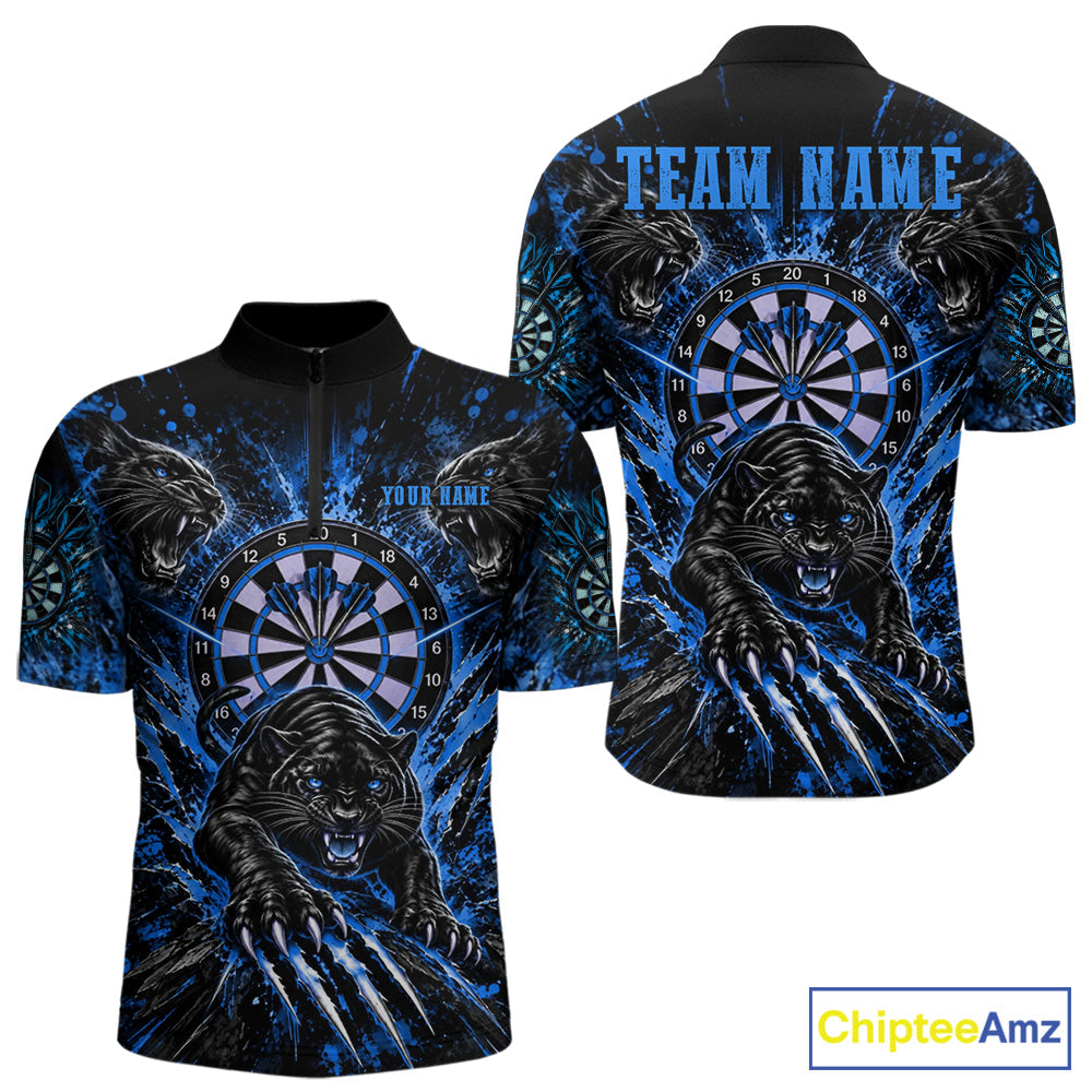 Personalized Horror Panther Darts Polo 1/4-Zip Shirt Custom Blue Splatter Darts Team Jersey