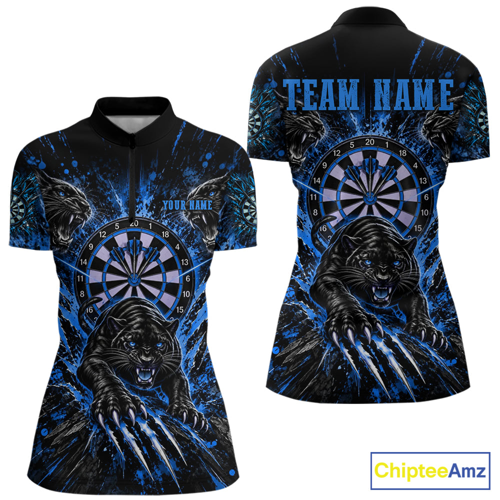 Personalized Horror Panther Darts Polo 1/4-Zip Shirt Custom Blue Splatter Darts Team Jersey