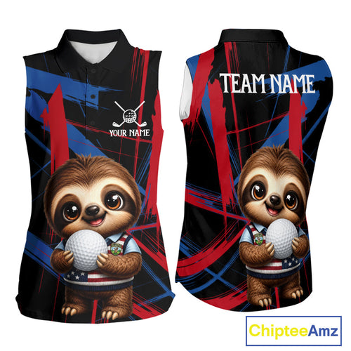 Funny Cute Sloth Golf Sleeveless Polo Shirts Custom Red & Blue Brush Golf Team Outfit, Golf Gifts