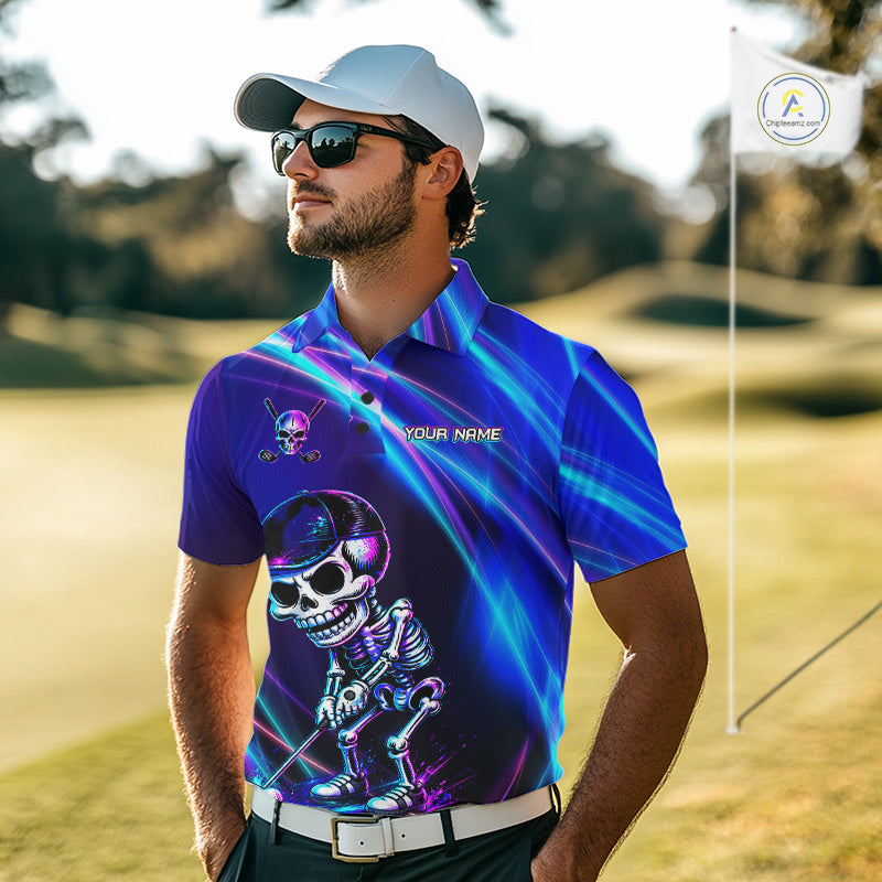 Funny Skeleton Golf Polo Shirts Custom Skull Neon Purple And Blue Golf Team Apparel