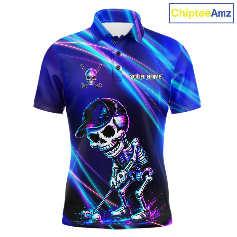 Funny Skeleton Golf Polo Shirts Custom Skull Neon Purple And Blue Golf Team Apparel