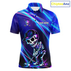Funny Skeleton Golf Polo Shirts Custom Skull Neon Purple And Blue Golf Team Apparel