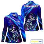 Funny Skeleton Golf Polo Shirts Custom Skull Neon Purple And Blue Golf Team Apparel