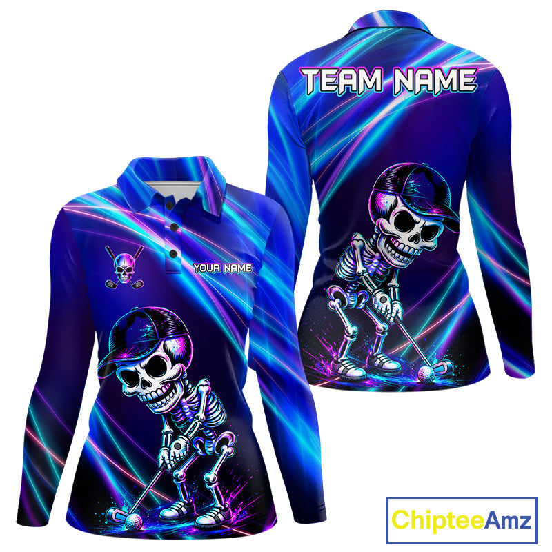 Funny Skeleton Golf Polo Shirts Custom Skull Neon Purple And Blue Golf Team Apparel