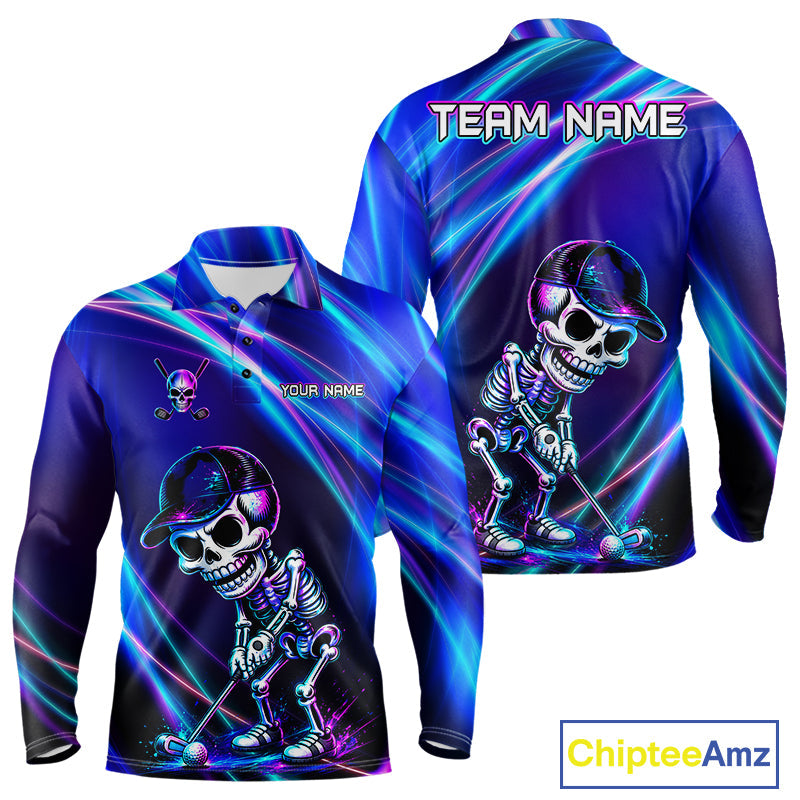 Funny Skeleton Golf Polo Shirts Custom Skull Neon Purple And Blue Golf Team Apparel