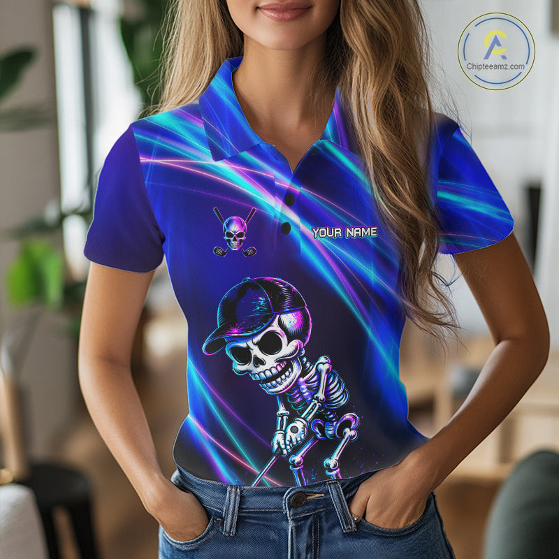 Funny Skeleton Golf Polo Shirts Custom Skull Neon Purple And Blue Golf Team Apparel