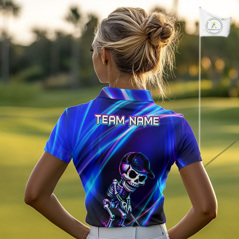 Funny Skeleton Golf Polo Shirts Custom Skull Neon Purple And Blue Golf Team Apparel