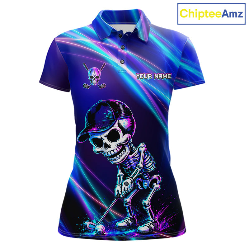 Funny Skeleton Golf Polo Shirts Custom Skull Neon Purple And Blue Golf Team Apparel