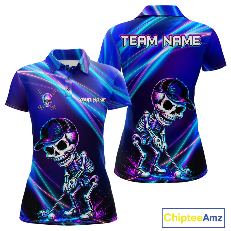 Funny Skeleton Golf Polo Shirts Custom Skull Neon Purple And Blue Golf Team Apparel