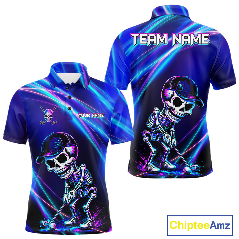 Funny Skeleton Golf Polo Shirts Custom Skull Neon Purple And Blue Golf Team Apparel