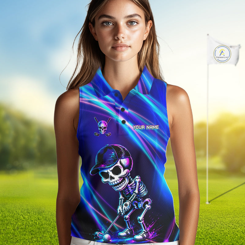 Funny Skeleton Golf Sleeveless Polo Shirts Custom Skull Neon Purple & Blue Golf Team Apparel