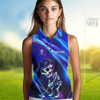 Funny Skeleton Golf Sleeveless Polo Shirts Custom Skull Neon Purple & Blue Golf Team Apparel