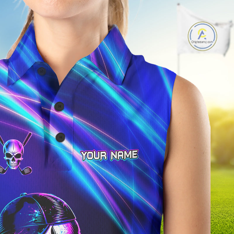 Funny Skeleton Golf Sleeveless Polo Shirts Custom Skull Neon Purple & Blue Golf Team Apparel