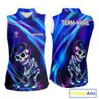 Funny Skeleton Golf Sleeveless Polo Shirts Custom Skull Neon Purple & Blue Golf Team Apparel