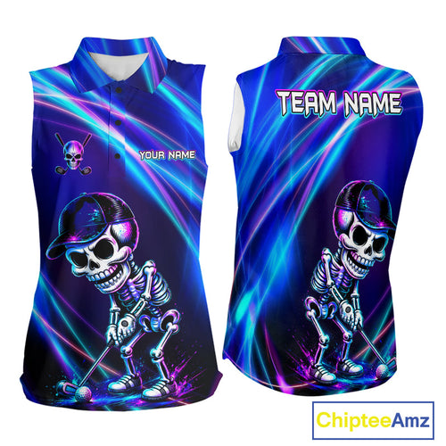 Funny Skeleton Golf Sleeveless Polo Shirts Custom Skull Neon Purple & Blue Golf Team Apparel