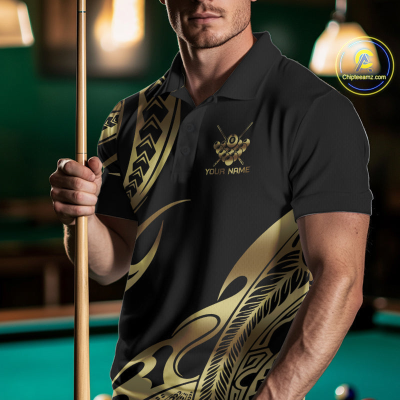 Black & Gold Tribal Pattern Billiard Shirts Custom 8 Ball Billiard Team Shirts