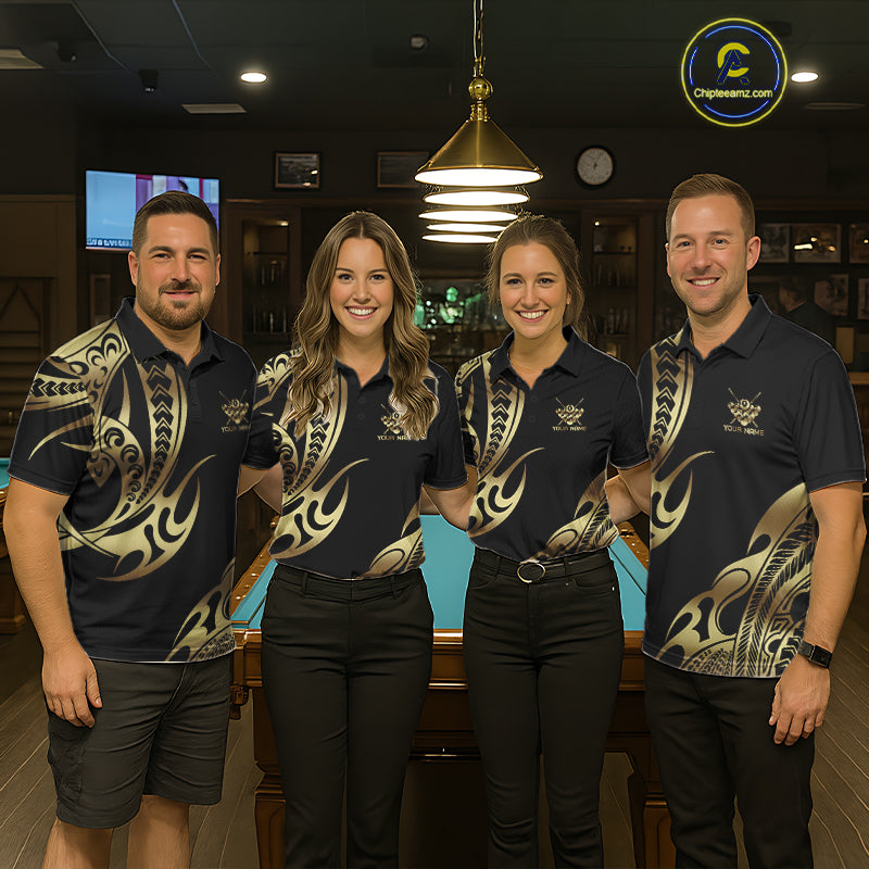 Black & Gold Tribal Pattern Billiard Shirts Custom 8 Ball Billiard Team Shirts