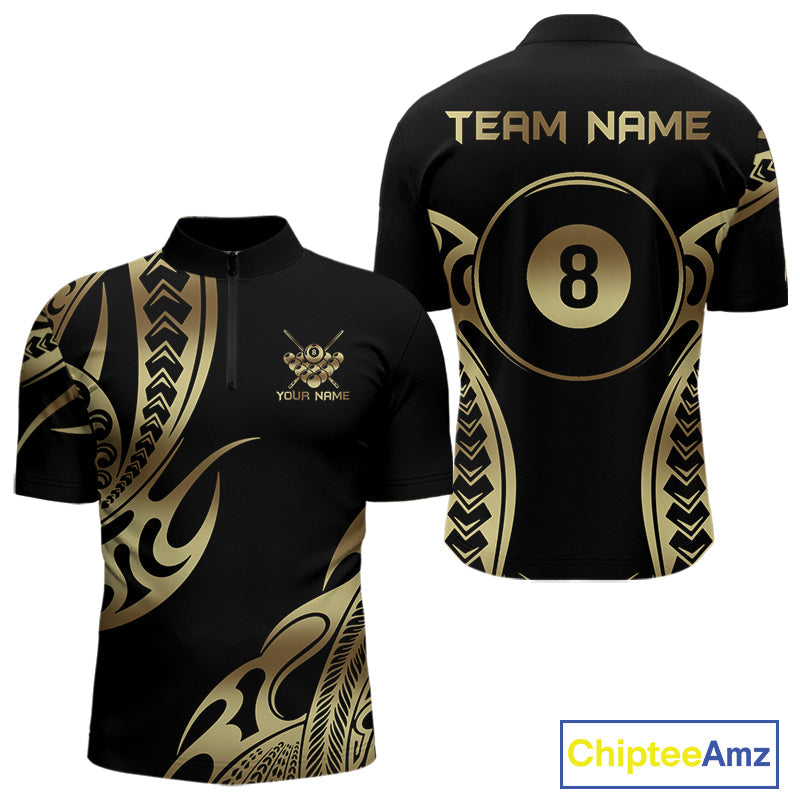 Black & Gold Tribal Pattern Billiard Shirts Custom 8 Ball Billiard Team Shirts