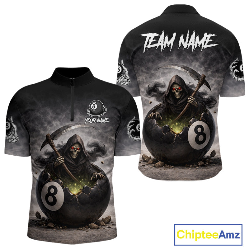 Grey Smoke Grim Reaper Cracked 8 Ball Pool Billiard Team Shirt Custom Billiard Jerseys