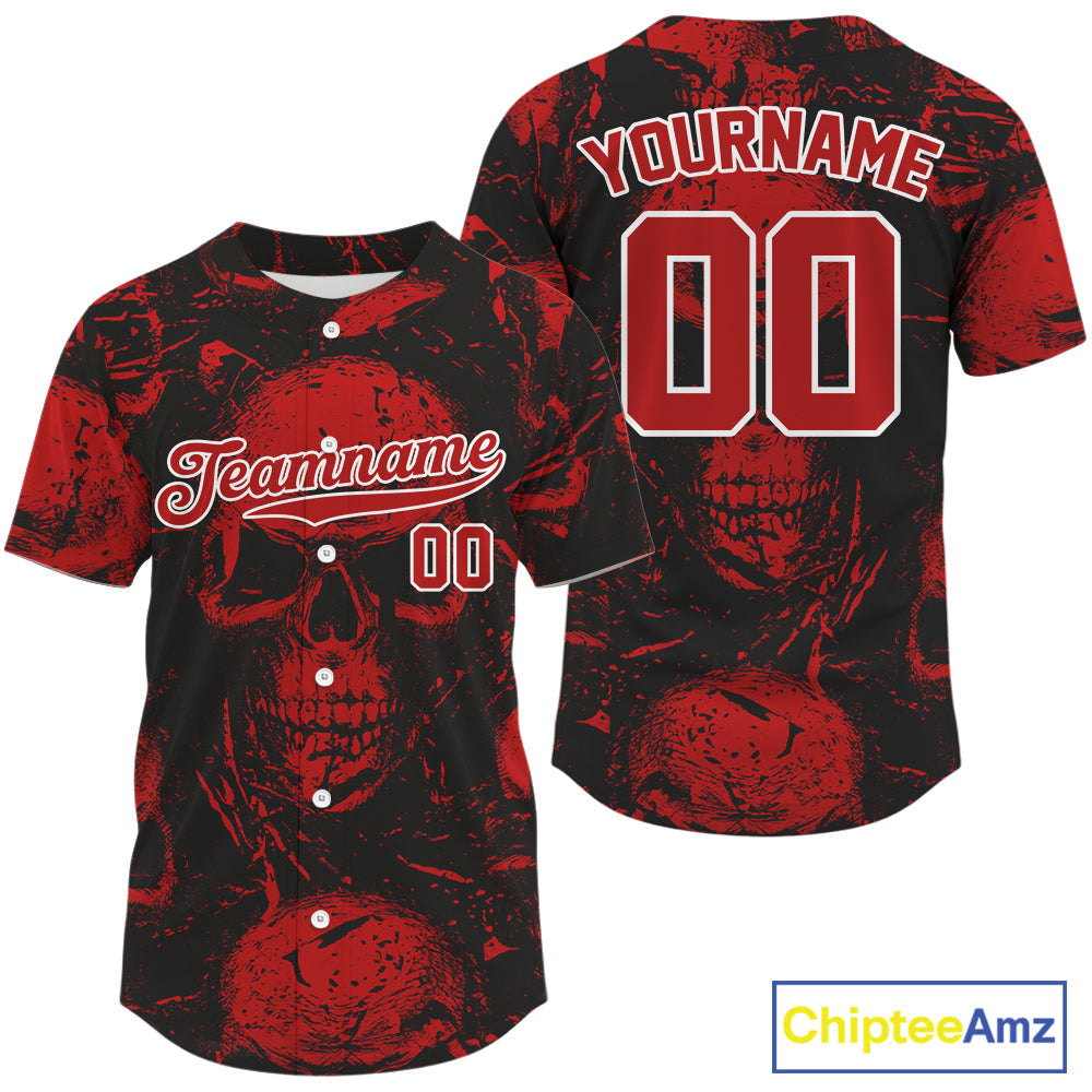 Custom Red Skulls Creepy Grunge Baseball Jersey Halloween Baseball Team Shirt