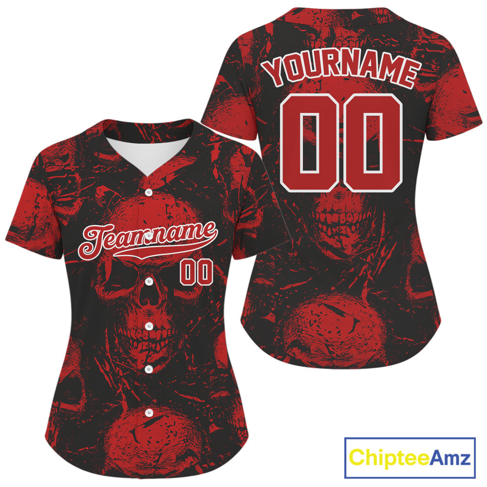 Custom Red Skulls Creepy Grunge Baseball Jersey Halloween Baseball Team Shirt