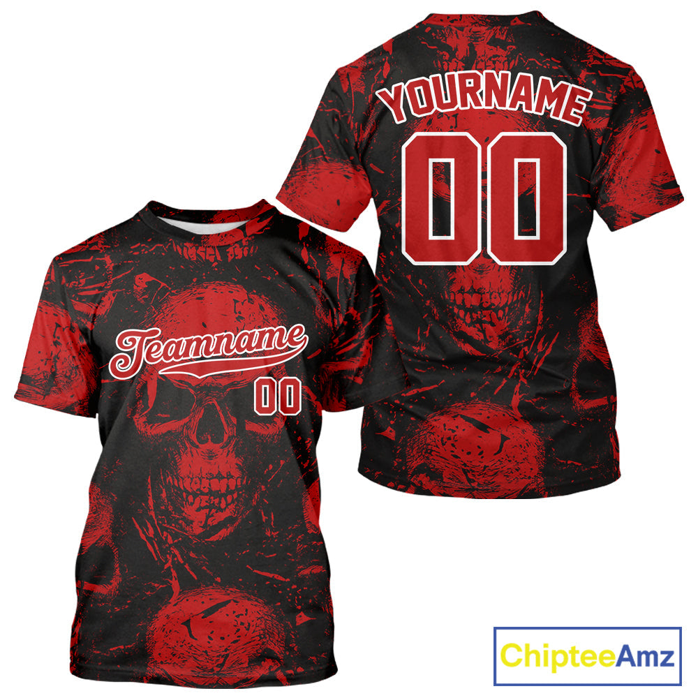 Custom Red Skulls Creepy Grunge Baseball T-Shirt Halloween Baseball Team Shirt