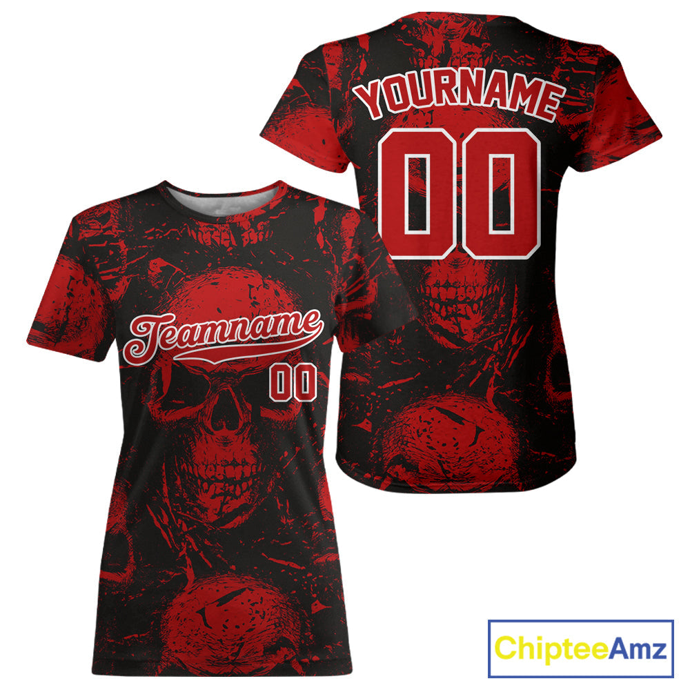 Custom Red Skulls Creepy Grunge Baseball T-Shirt Halloween Baseball Team Shirt