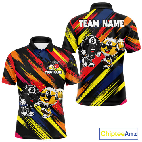 8 Ball & 9 Ball Funny Colorful Strikes Billiard Shirts Custom Cheer Beer Billiard Team Shirts