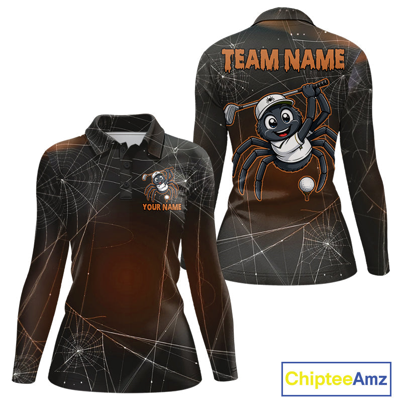 Funny Spider Halloween Golf Shirt Custom Name Golf Polo Spiderweb Golf Team Outfits