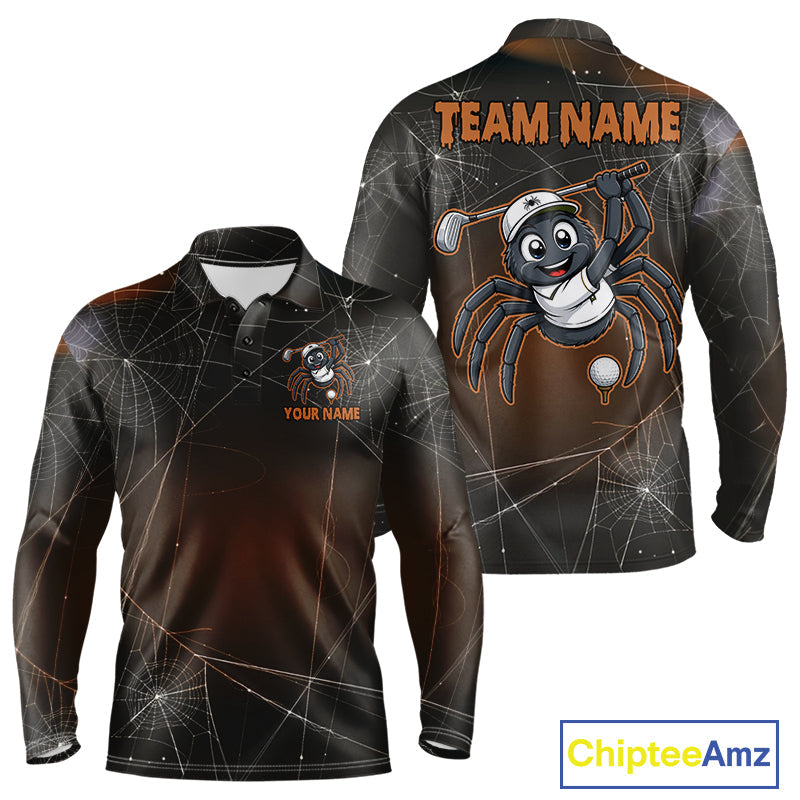 Funny Spider Halloween Golf Shirt Custom Name Golf Polo Spiderweb Golf Team Outfits