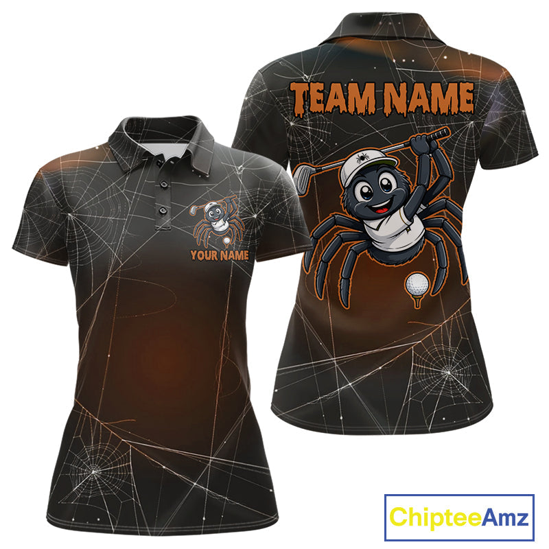 Funny Spider Halloween Golf Shirt Custom Name Golf Polo Spiderweb Golf Team Outfits