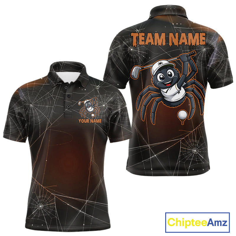 Funny Spider Halloween Golf Shirt Custom Name Golf Polo Spiderweb Golf Team Outfits