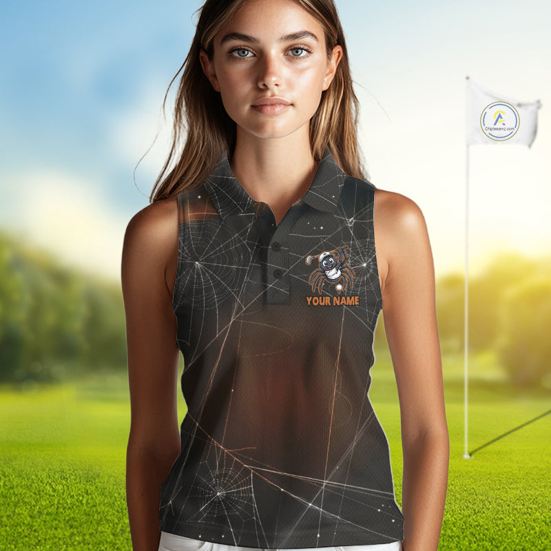 Funny Spider Halloween Golf Shirt Custom Name Sleeveless Golf Polo Spiderweb Golf Team Outfits