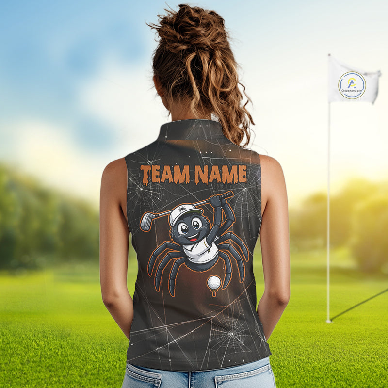 Funny Spider Halloween Golf Shirt Custom Name Sleeveless Golf Polo Spiderweb Golf Team Outfits