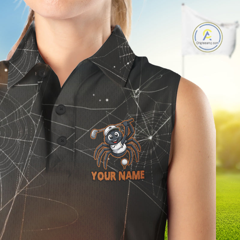 Funny Spider Halloween Golf Shirt Custom Name Sleeveless Golf Polo Spiderweb Golf Team Outfits
