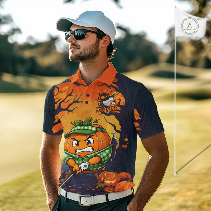 Funny Pumpkin Golfer Halloween Golf Polo Shirt Custom Halloween Golf Team Attire